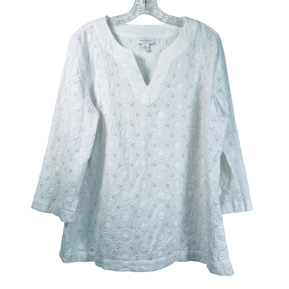 Charter Club Petite White Eyelet Cotton Tunic Top P/XL Split V-Neck 3/4 Sleeve
